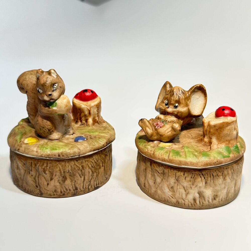 Pair Vintage Woodland Animal Trinket Boxes - 3” Diameter